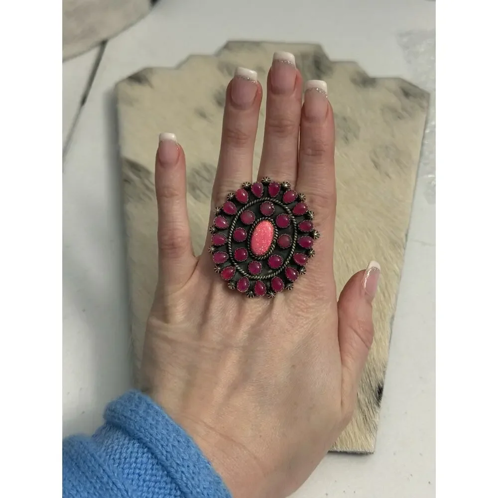 HUGE Sterling Silver Pink Onyx & Pink Fire Opal Flower Cluster Ring 925 Adjust